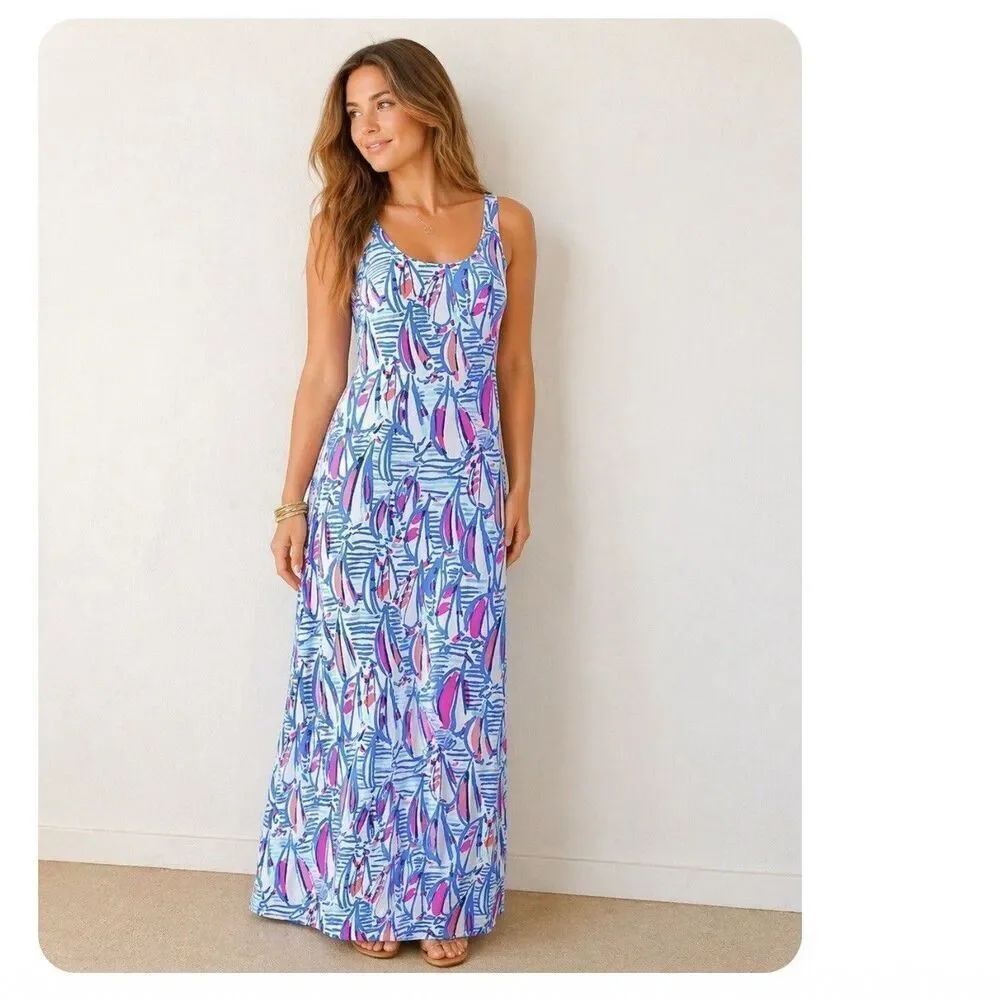 Lilly Pulitzer Palm Maxi Dress Sailboat Holy Grail Size S Blue Pink Pima Cotton